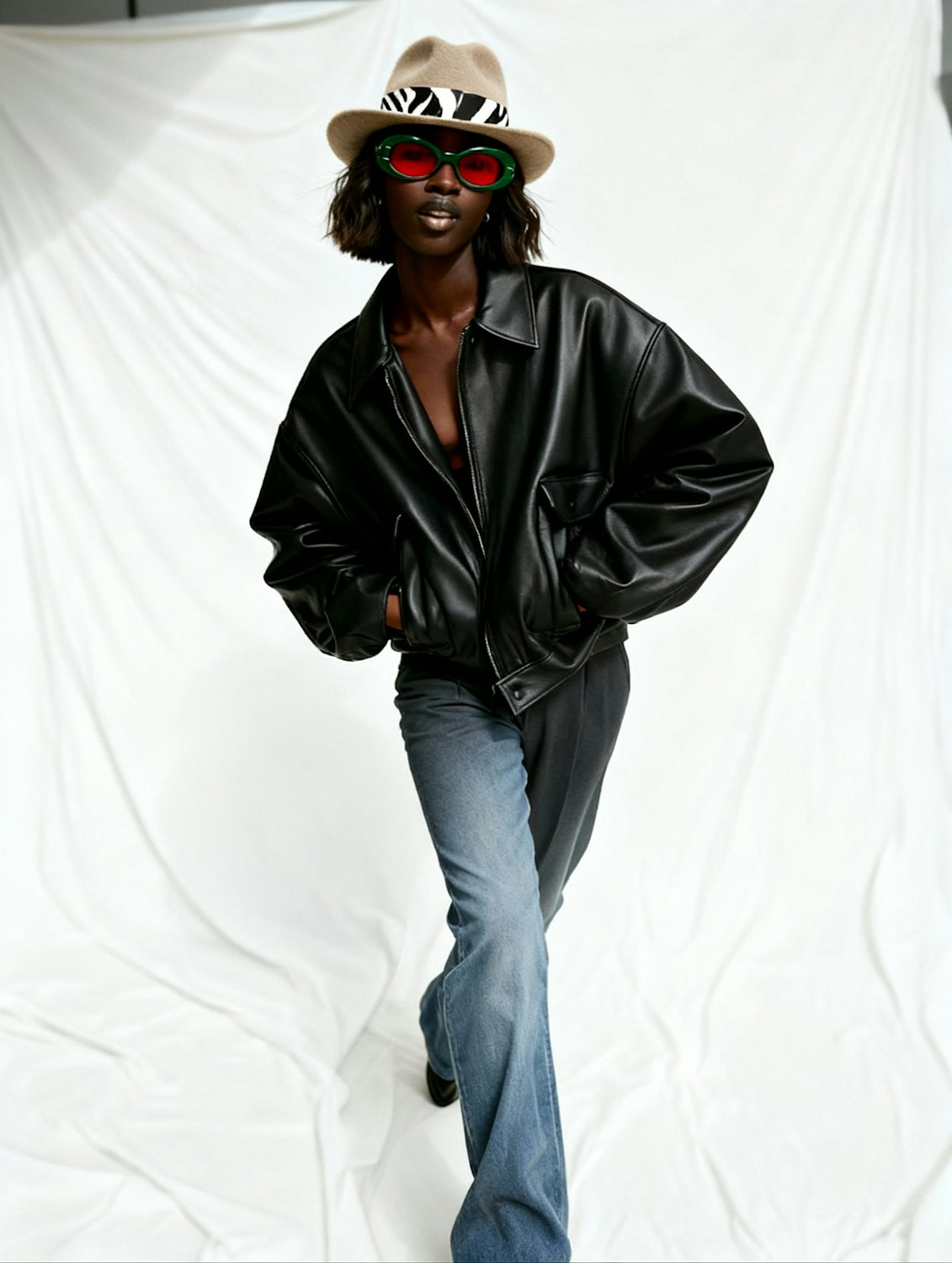 A person in a leather jacket, hat and red sunglasses standing against a plain wall