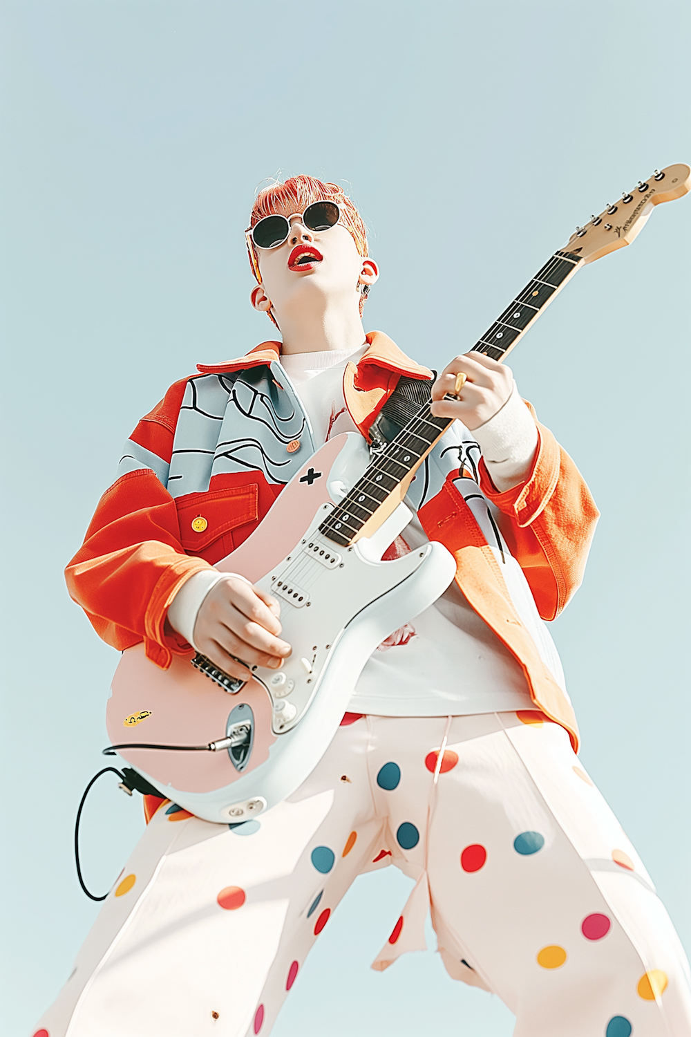 A musician with bright orange hair playing a pink electric guitar