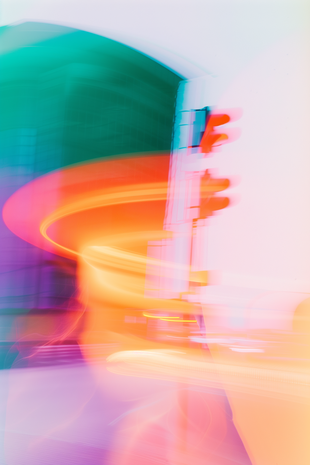Abstract trails of neon light against a blurred urban background