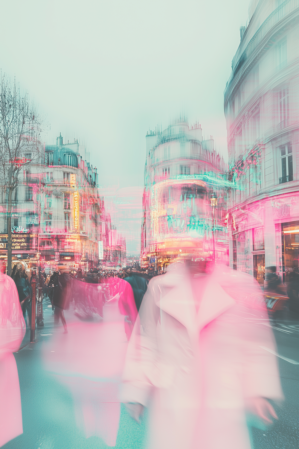 A dreamlike street scene of neon signage and blurred figures in pastel tones