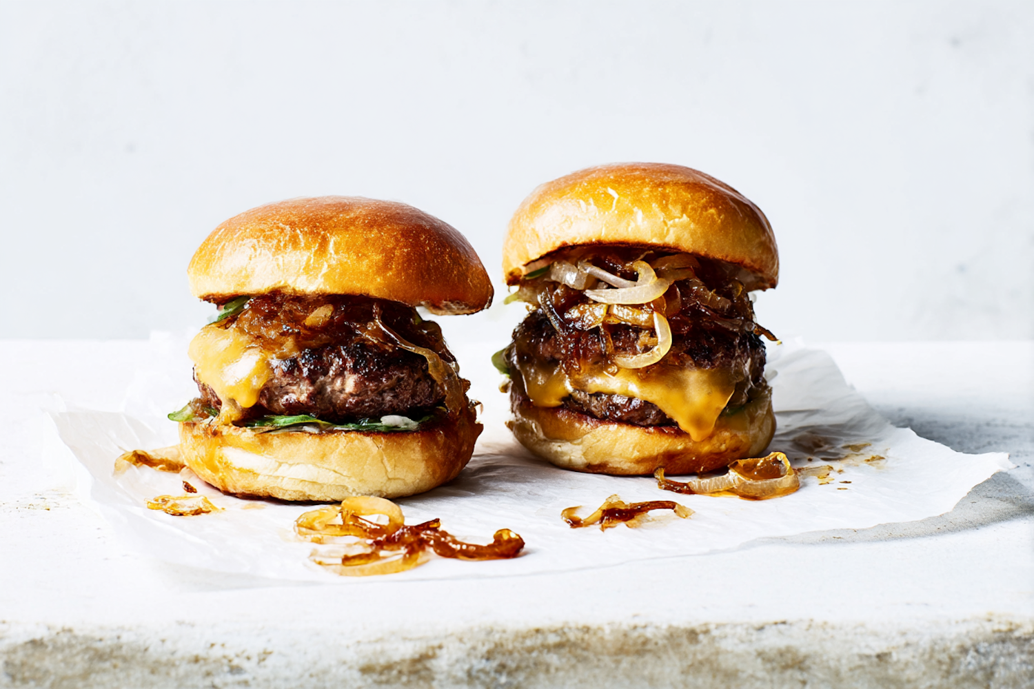 Two cheeseburgers with melted cheese and caramelised onion on parchment paper